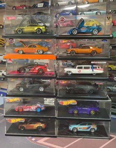 Clear acrylic diecast display case set showing multiple Hot Wheels cars