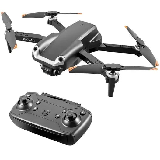 Foldable dark gray quadcopter drone with controller, four propellers