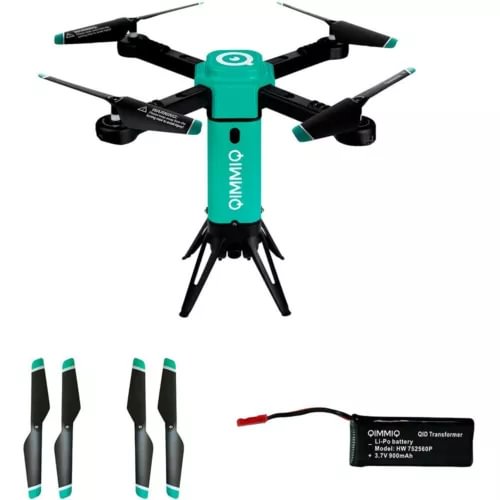 QIMMIQ foldable compact drone tower with teal body, 4 prop arms, tripod legs, battery