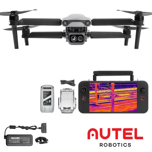 Thermal drone with camera gimbal, front display screen, and included power accessories