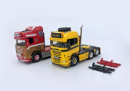 1:64 scale diecast Scania tractor unit model trucks with trailer parts, red and yellow