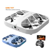 White mini quadcopter RC drone with four rotors and camera lens