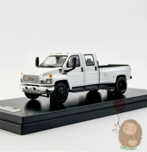1/64 diecast pickup truck model, white alloy car with cab details, on display base