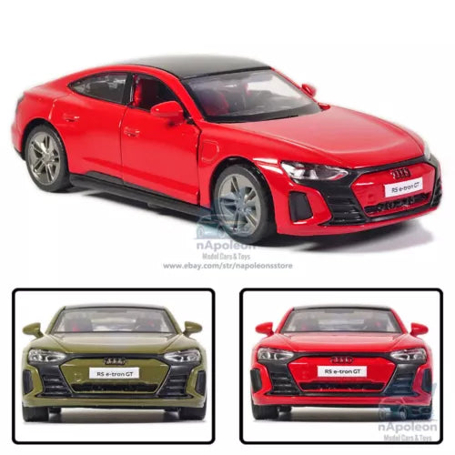 Red Audi RS e-tron GT 1:36 alloy diecast model car, front 3/4 view