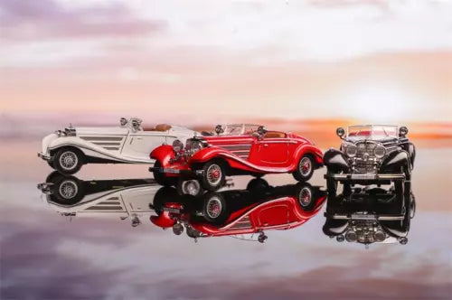 1:64 classic diecast car model, red and white, detailed engine view