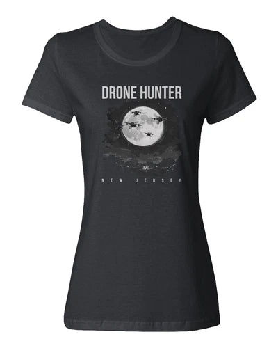 Black ladies' crewneck T-shirt with front Drone Hunter graphic and moon, New Jersey text