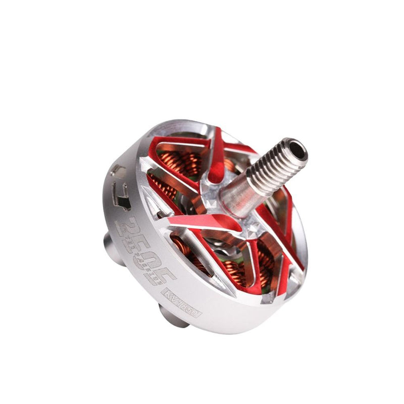 Brushless RC drone motor with silver housing, red windings, and threaded shaft