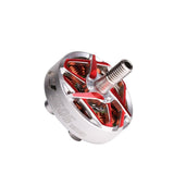 Brushless RC drone motor with silver housing, red windings, and threaded shaft