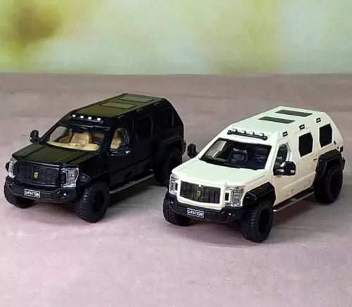 Diecast armored SUV model car, black and white with detailed grille and doors
