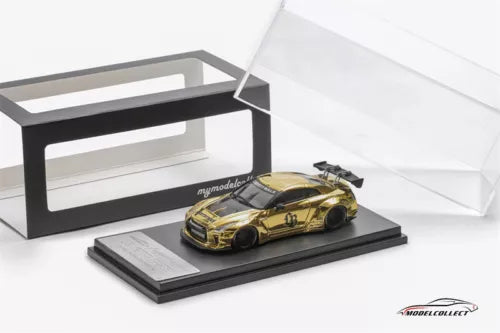 Model Collect diecast model car, 1:64 GT-R R35, chrome gold with black accents