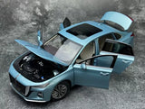 Blue 1:18 diecast car model with front doors open, detailed grille and headlights