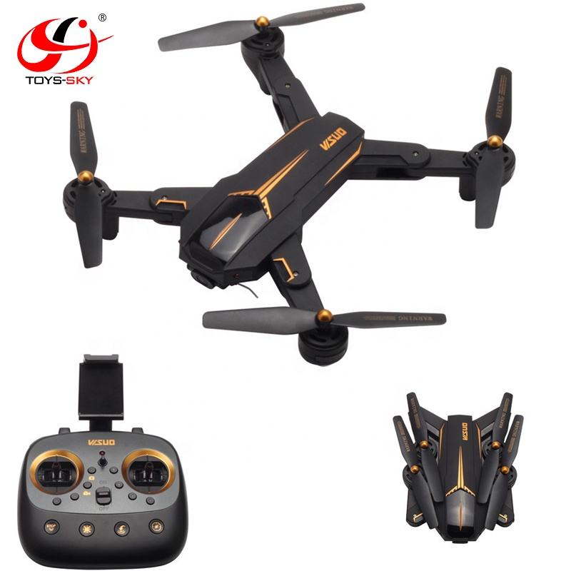 Foldable quadcopter drone with remote controller, black and orange