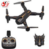 Foldable quadcopter drone with remote controller, black and orange