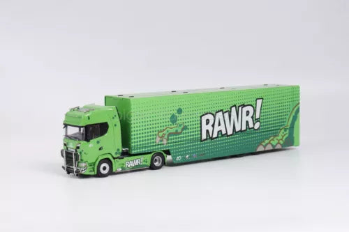 Green diecast semi truck with printed trailer and front cab, black wheels
