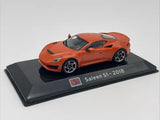Orange Saleen S1 2018 diecast model car, 1:43 scale, on black display base
