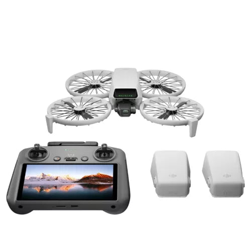DJI drone kit: remote controller screen, drone with four propeller arms, three white batteries