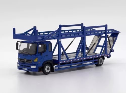 Blue diecast transport truck model with double-deck metal frame
