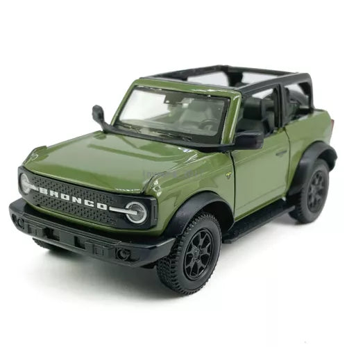 Green open-top Ford Bronco diecast model car, 1:36 scale toy with detailed interior