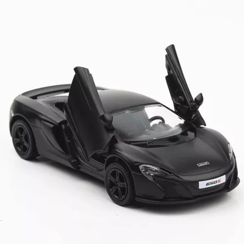 Matte black 1:36 diecast sports car toy with raised scissor doors