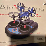 Blue and black foldable mini drone with propeller guards and central camera