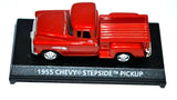 Red 1955 Chevy Stepside pickup diecast model, side view with open bed