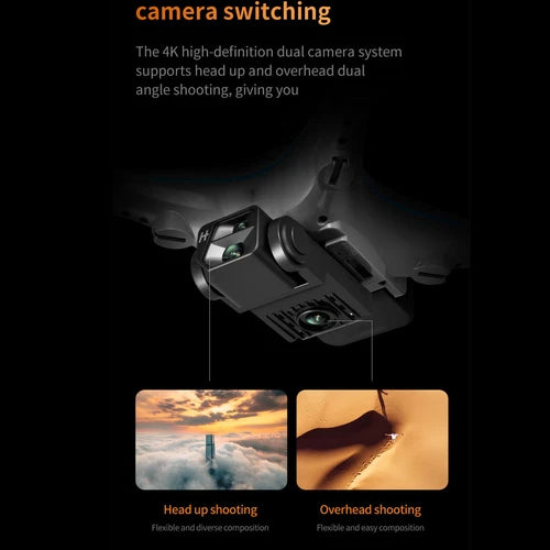 Grey quadcopter drone with dual camera module and head/overhead shooting view