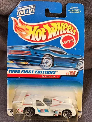Hot Wheels diecast car in blister pack, white Panoz GTR-1 race car