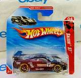 Hot Wheels 1:64 diecast race car in maroon with gold wheels on blister card