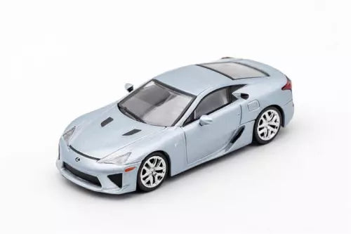 Diecast model car of a light gray coupe with ice blue and orange accents