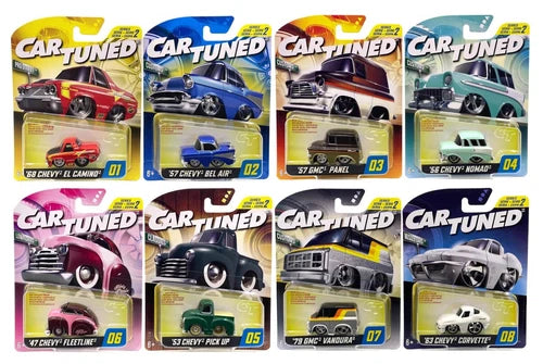 Diecast car set with eight boxed vintage-style cars, assorted colors and numbers