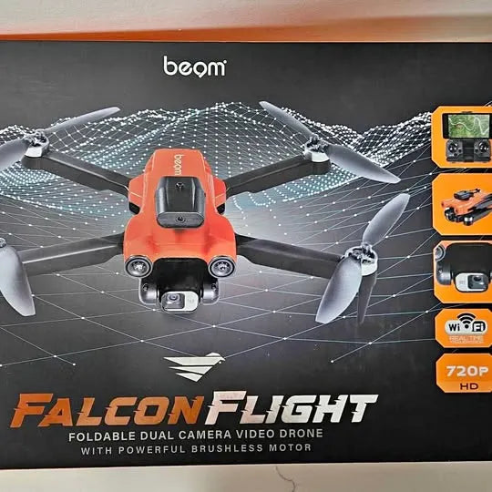 Orange foldable dual-camera video drone with propellers and front camera