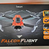 Orange foldable dual-camera video drone with propellers and front camera