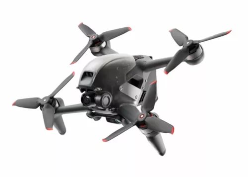 DJI FPV drone aircraft with attached camera and four propellers