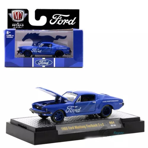 Blue 1968 Ford Mustang fastback 1:64 diecast toy car with display base