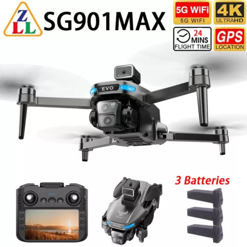 Foldable quadcopter drone with dual 4K cameras and GPS, with 3 batteries included