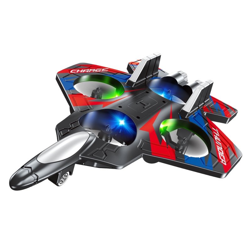 RC quadcopter drone with four propellers, red-blue body, and glowing blue LED lights