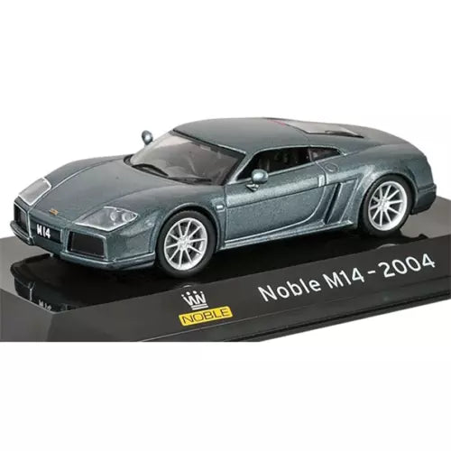 Grey diecast supercar model with front 3/4 view, scale 1/43, on display base