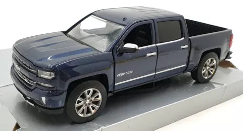 Blue 2018 Chevrolet Silverado diecast pickup truck, front three-quarter view