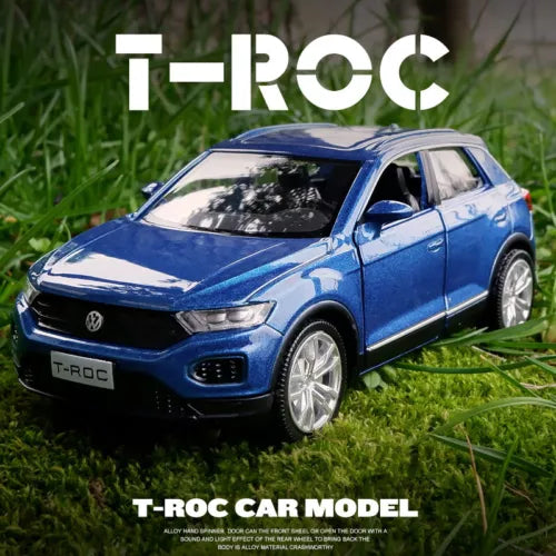 Blue Volkswagen T-Roc diecast car model with front three-quarter view, metal detailing.