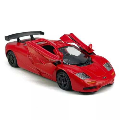 McLaren F1 red diecast toy car with open doors, black wheels