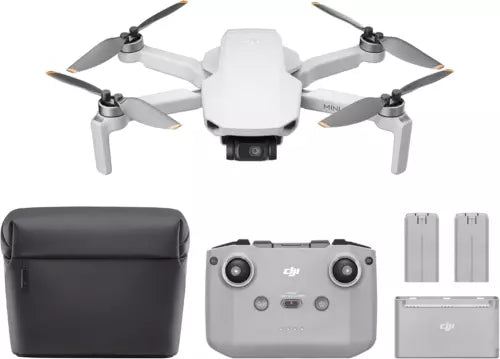 DJI Mini 4K drone with controller, batteries, and hard case, front view