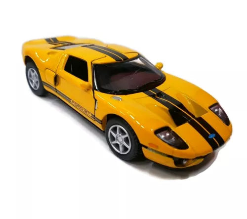 Yellow diecast race car toy with black stripes, 1:36 scale, front 3/4 view