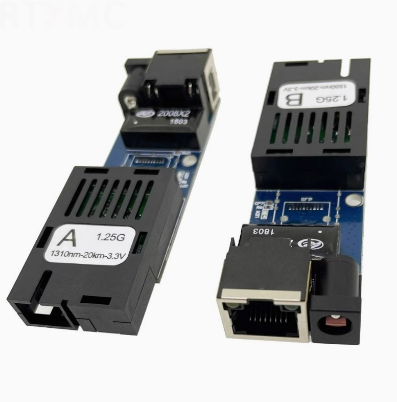 Gigabit mini fiber switch module with two Ethernet ports and indicator window