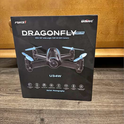 Drone with camera retail box featuring quadcopter design and WiFi FPV U34W label