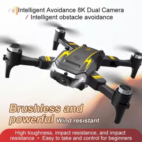 Foldable quadcopter drone with dual camera, four rotors and obstacle-avoidance sensors