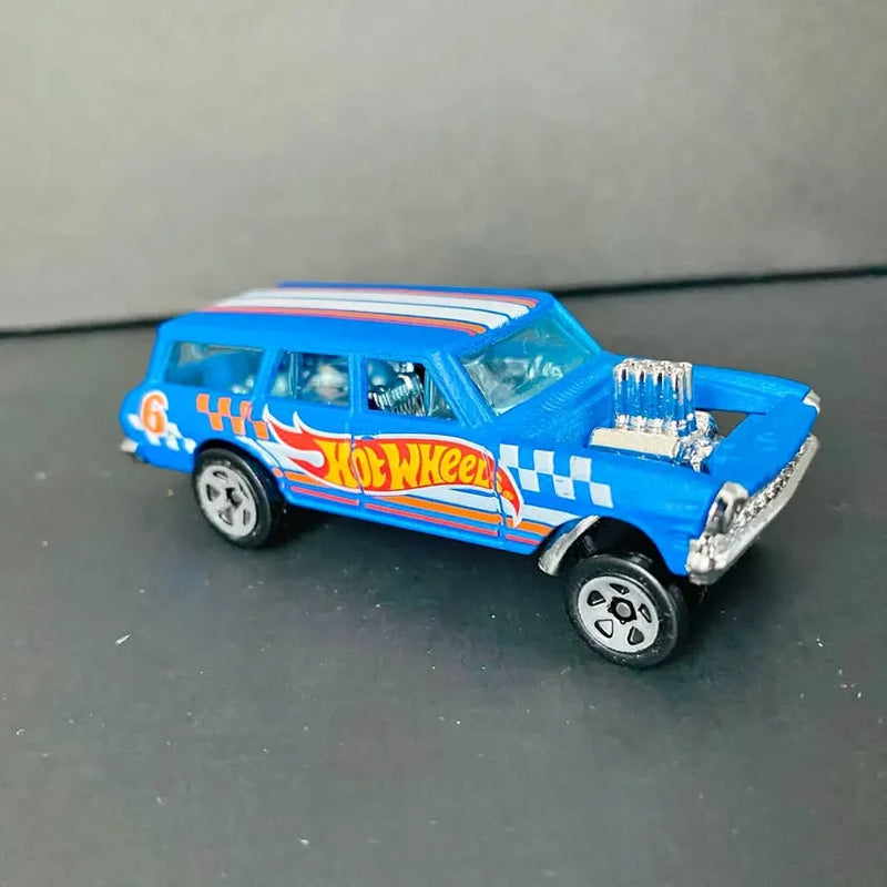 Blue diecast wagon car with Hot Wheels racing graphics and chrome details