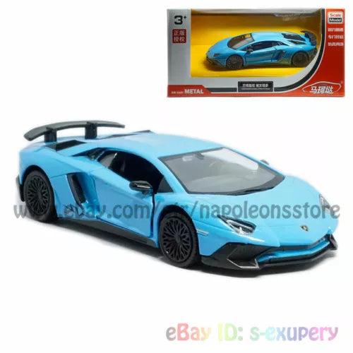 Blue 1/36 scale diecast sports car model with black wheels, front 3/4 view