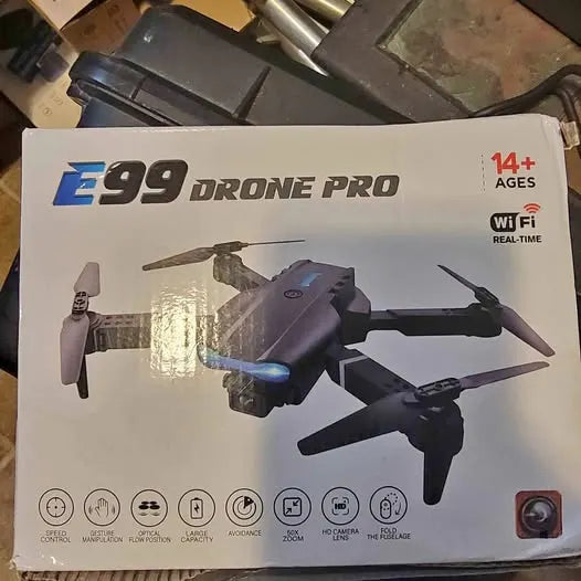 E99 Drone Pro quadcopter drone in retail box, Wi‑Fi and 14+ ages shown