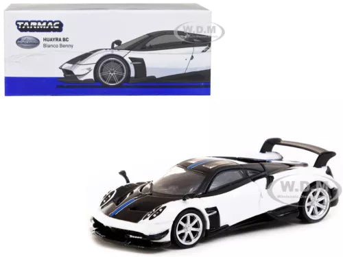 White and black diecast sports car model with rear spoiler and open hood