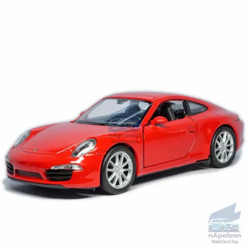 1:36 Porsche 911 Carrera S red diecast model car with silver wheels, front view